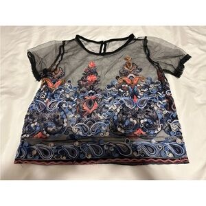 Embroidered Sheer Black Crop Top with Multicolor Design - size small
